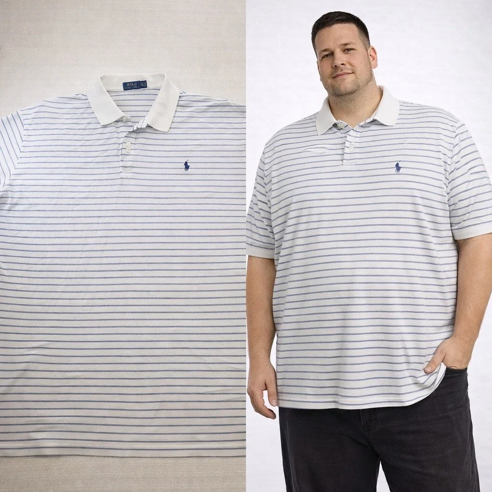 Polo Ralph Lauren Mens 4XLT Big/Tall Striped Short Sleeve Polo Shirt Blue White